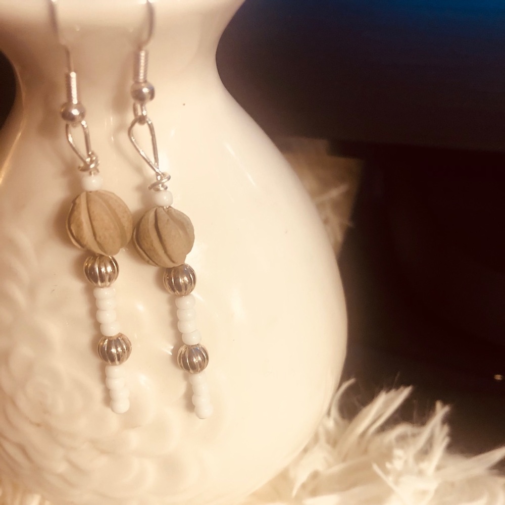 Forest Fairy Wood White Beaded Earrings